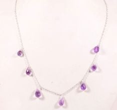 Handmade Pure 925 Sterling Silver Necklace with Amethyst Drop Pendant for Women